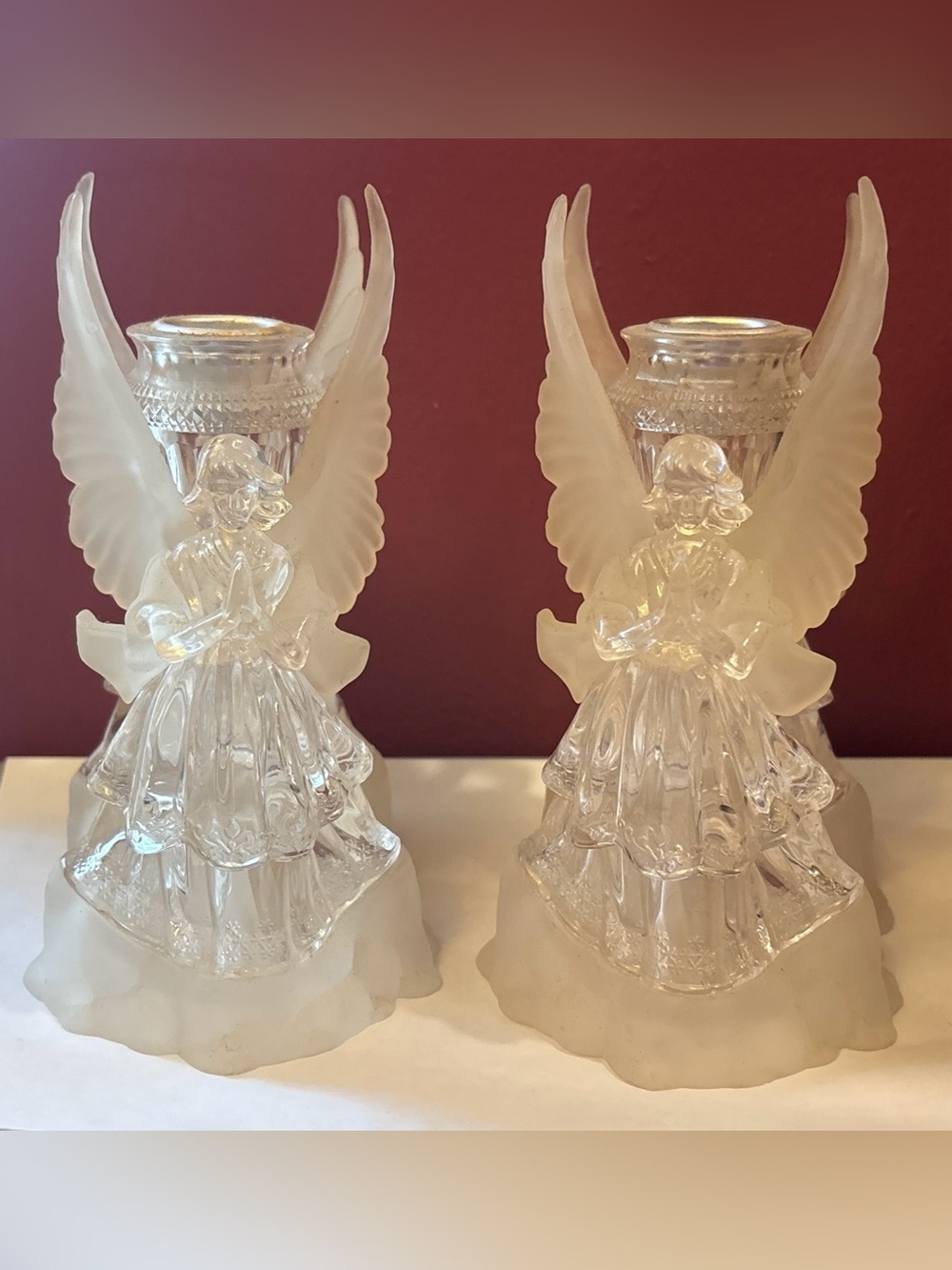 Vintage Frosted Glass Look Angel Candle Holders Set 2 Christmas Taper Figurine
